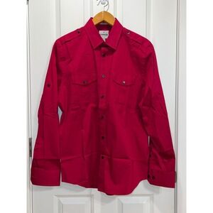 NWOT Express Fitted Shirt Roll Sleeve Button Down Pockets Red Large 16-16 1/